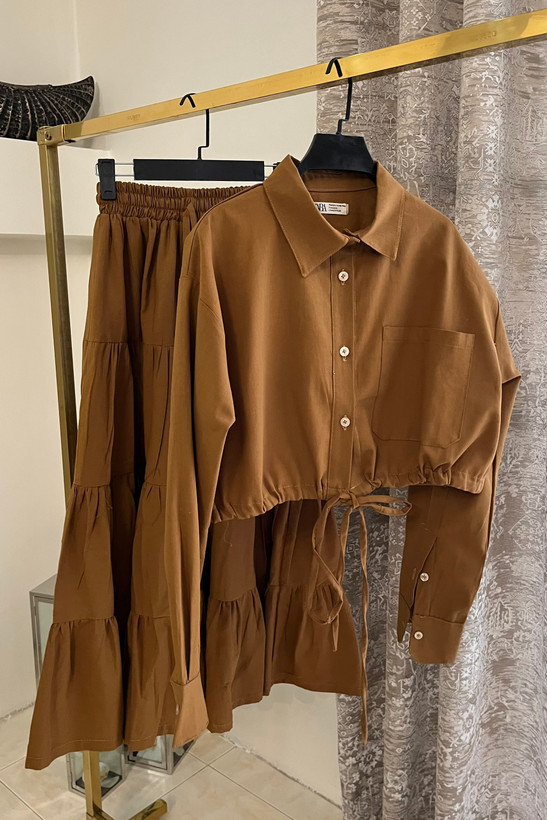 ست شومیز کراپ دخترانه با دامن بلند زنانه شیک رنگ شتری | casual set