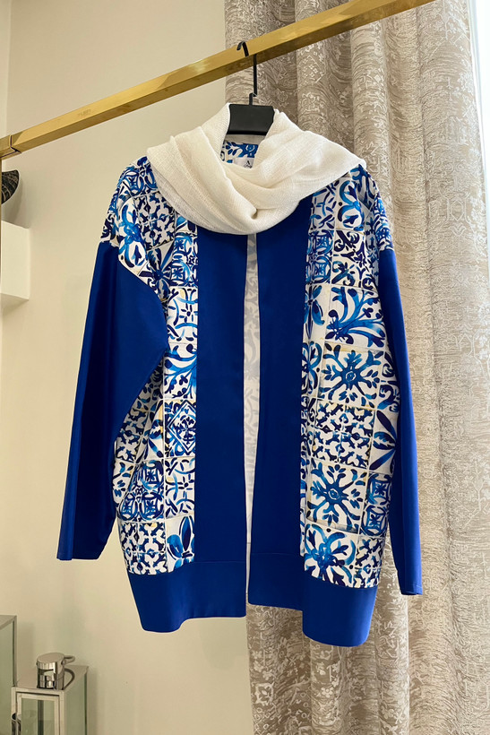 کت زنانه کرپ طرحدار و تافته یقه گرد رنگ آبی | crepe blazer