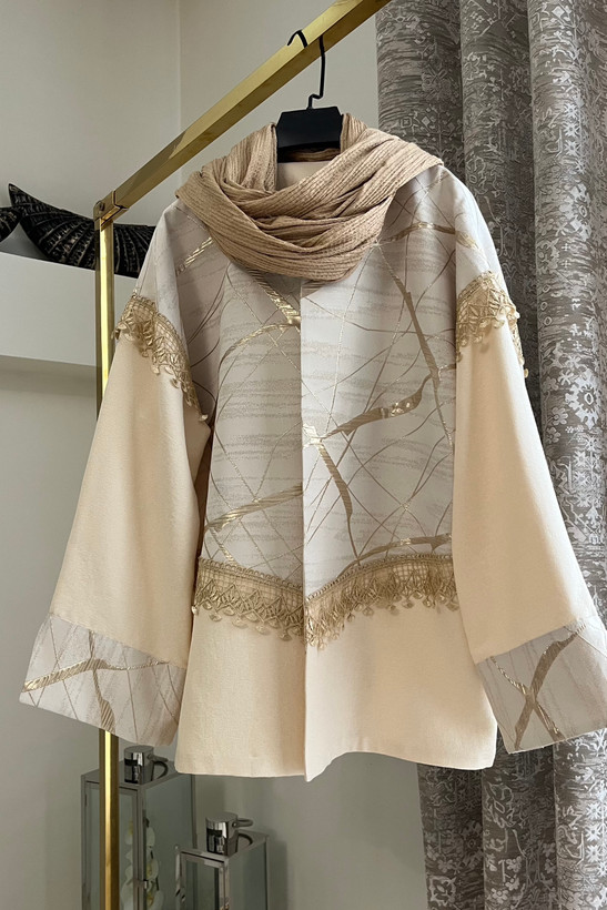 کت زنانه ژاکارد و کتان لمه نواردوزی شده یقه گرد رنگ شیری مناسب مهمانی | ejacquard blazer