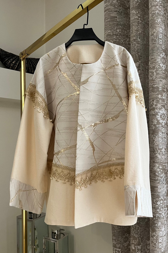 کت یقه گرد زنانه ژاکارد و کتان لمه با نواردوزی شیک | elegant jacket