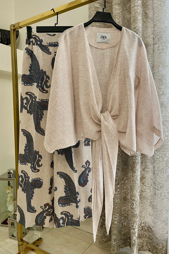 ست زنانه شومیز گرهای و شلوار لینن ایتالیایی رنگ آبی | blouse pants