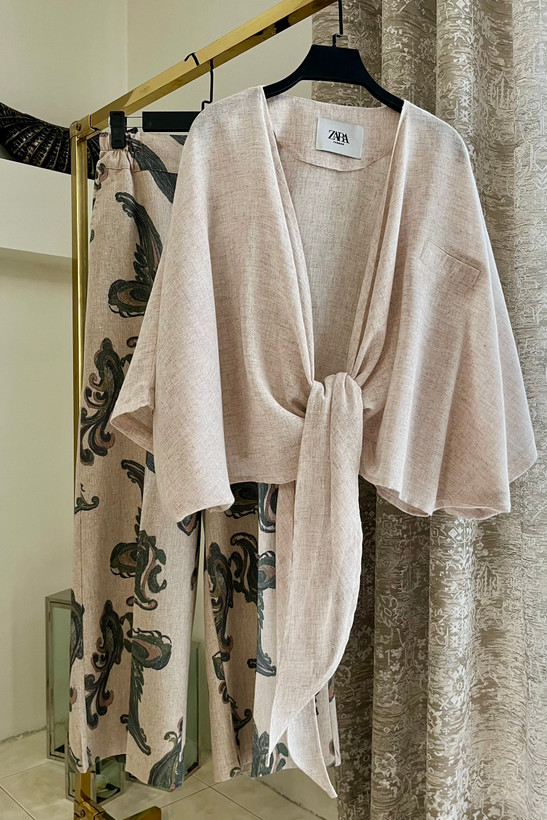 خرید ست شومیز گرهای و شلوار زنانه لینن ایتالیایی رنگ سبز | trendy set