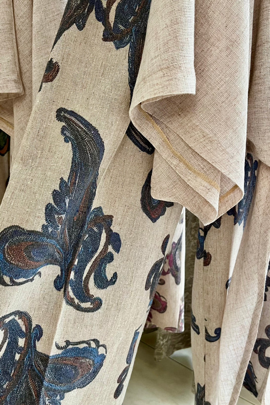 ست زنانه شومیز گرهای و شلوار لینن ایتالیایی طرح دار رنگ آبی | linen set