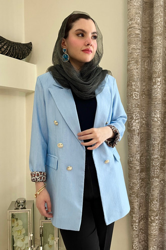 کت کتان لمه زنانه یقه انگلیسی آستر پلنگی رنگ آبی | chic blazer