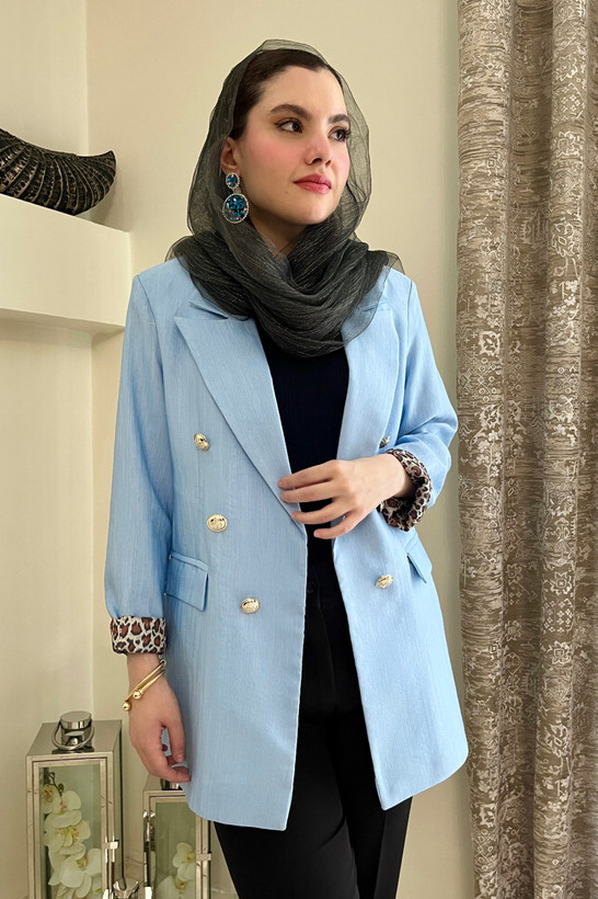 کت کتان لمه زنانه یقه انگلیسی آستر پلنگی رنگ آبی | chic blazer