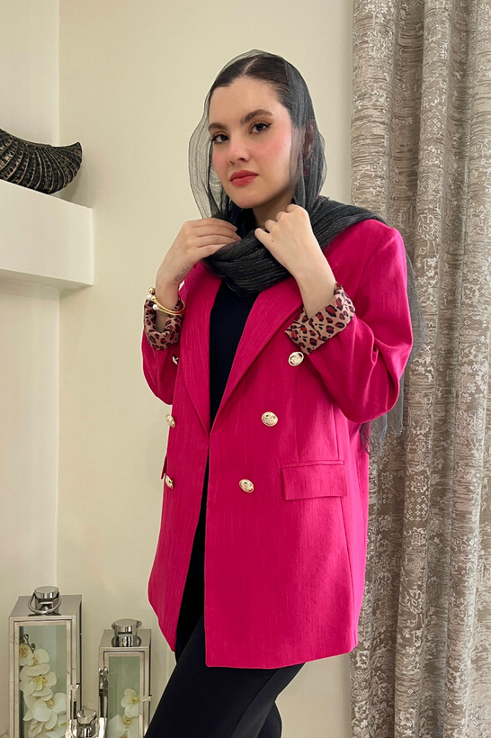 کت یقه انگلیسی زنانه کتان لمه با آستر پلنگی رنگ سرخابی | trendy blazer
