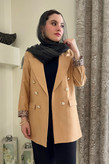 خرید کت کتان لمه زنانه یقه انگلیسی با آستر پلنگی رنگ کرم | elegant blazer